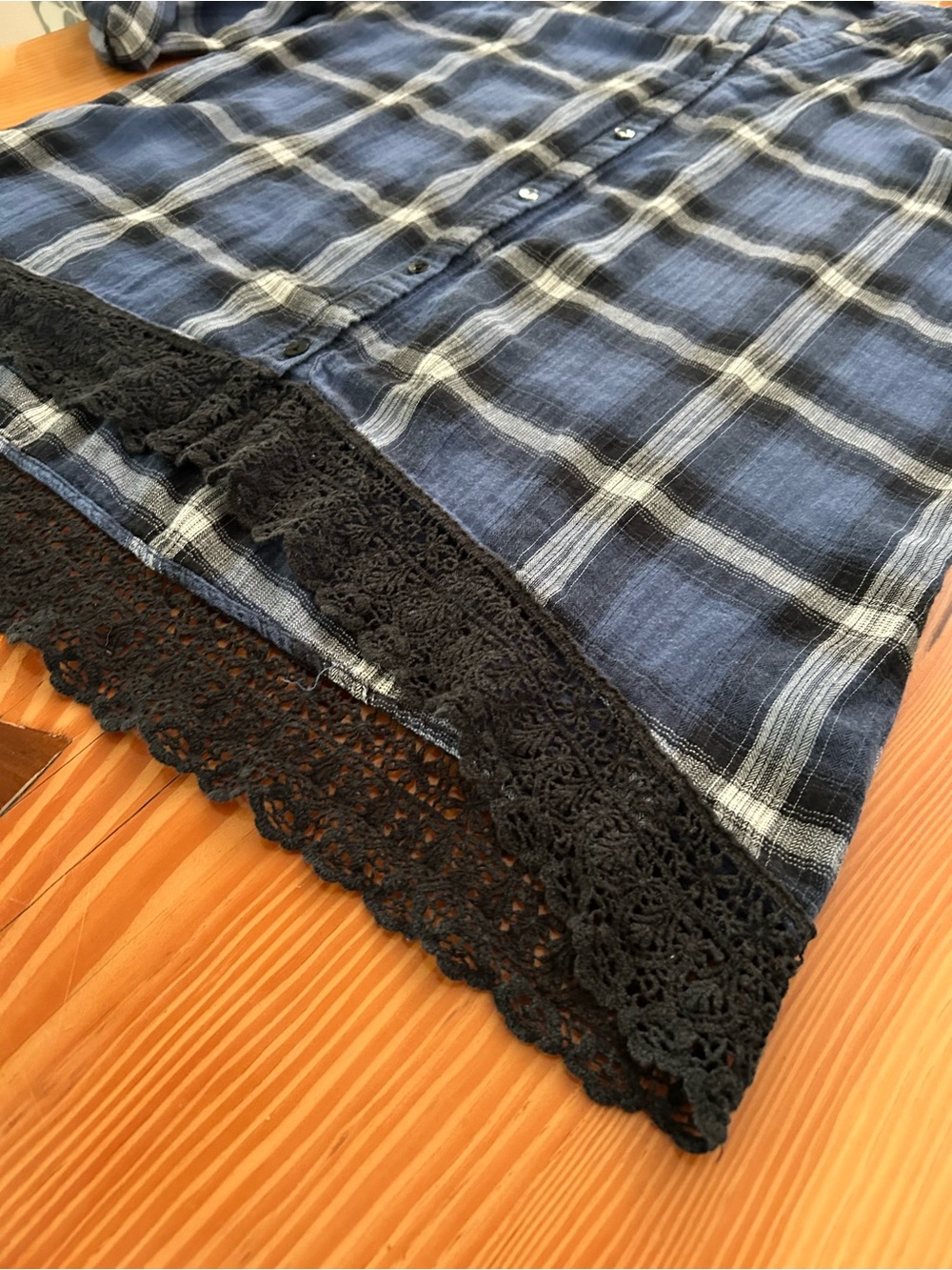 Wallpapher Blue Plaid Shirt with Black Lace Detail
